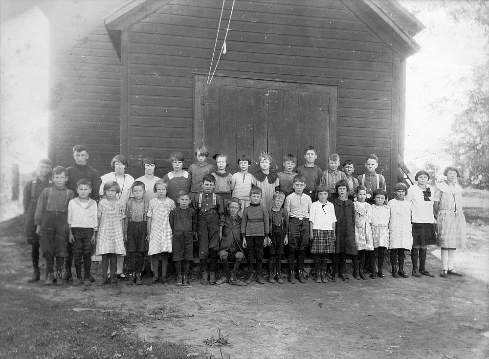 Photograph of a class in front of the school at Elphin, Ontario, about 1918.