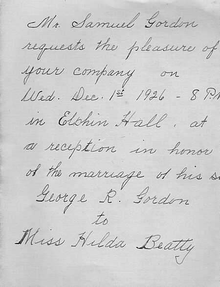 Invitation to the wedding reception of George Gordon and Hilda Beatty at Elphin Ontario, 1926.