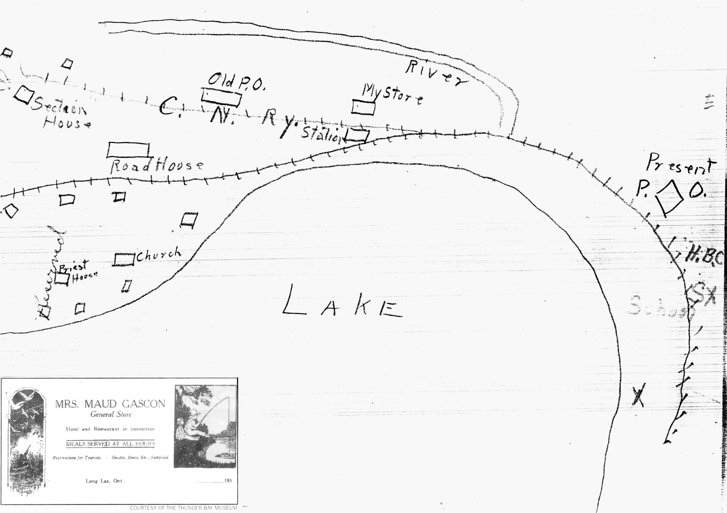 Map of downtown Longlac, drawn by Maud Gascon