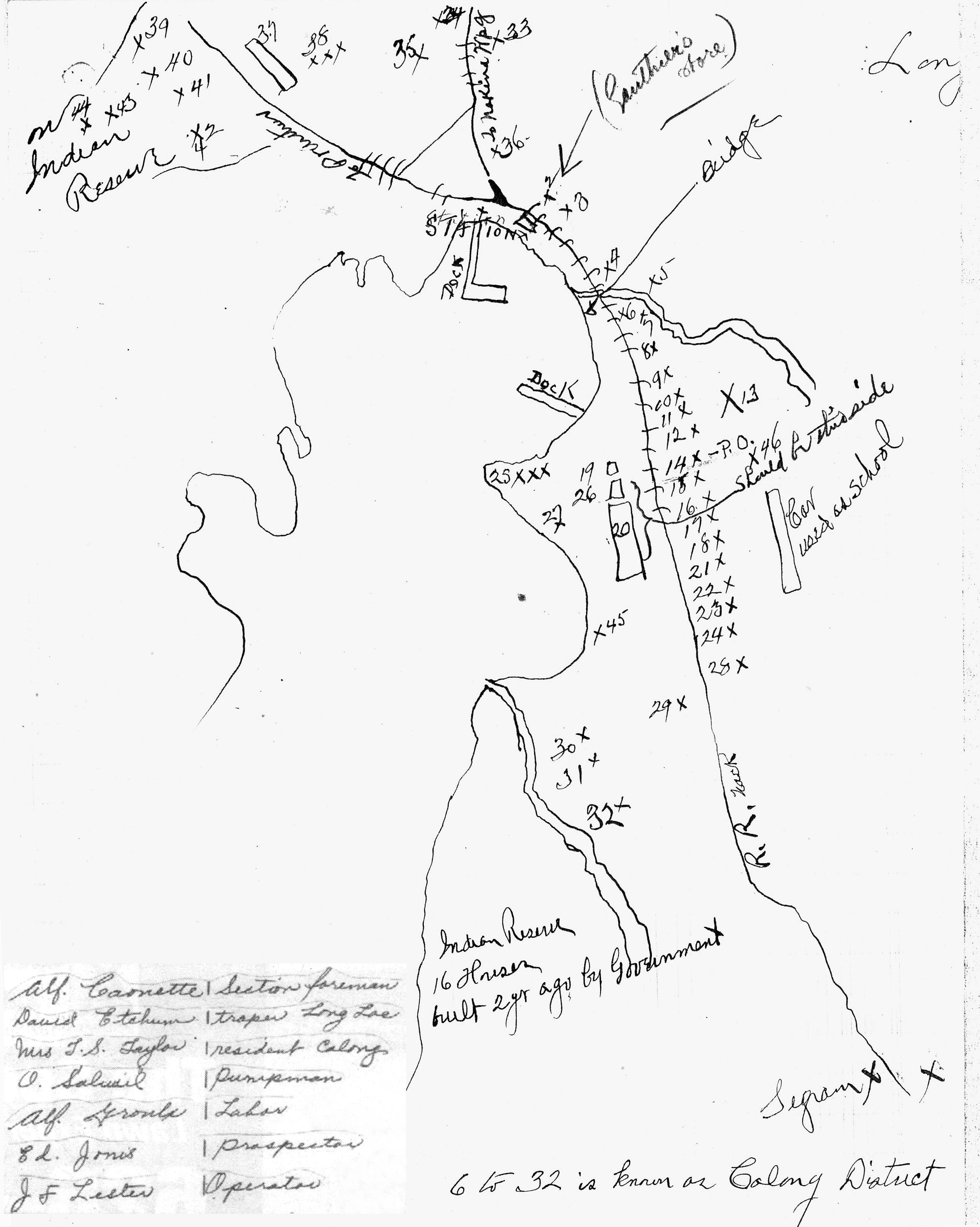 hand-drawn map of Longlac, early 1930's