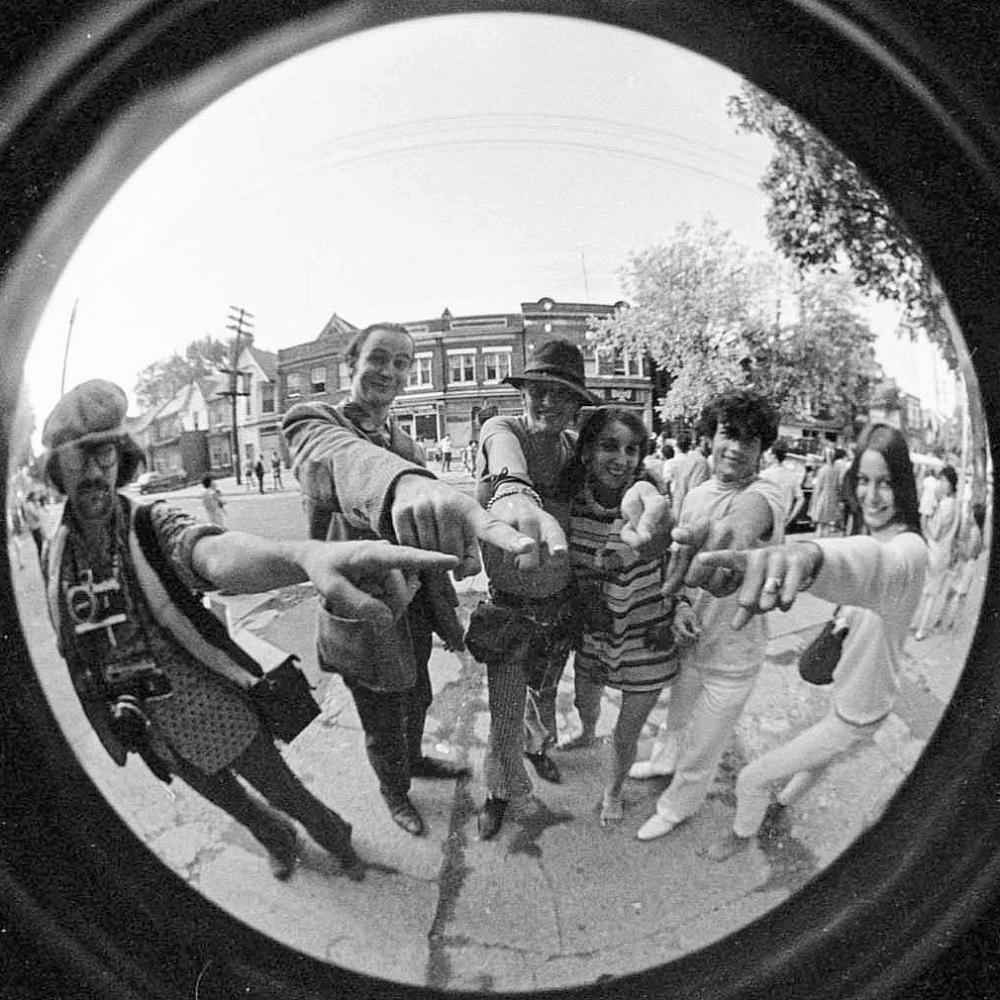 Pointing at the photographer on Baldwin Street, Toronto, 1969.