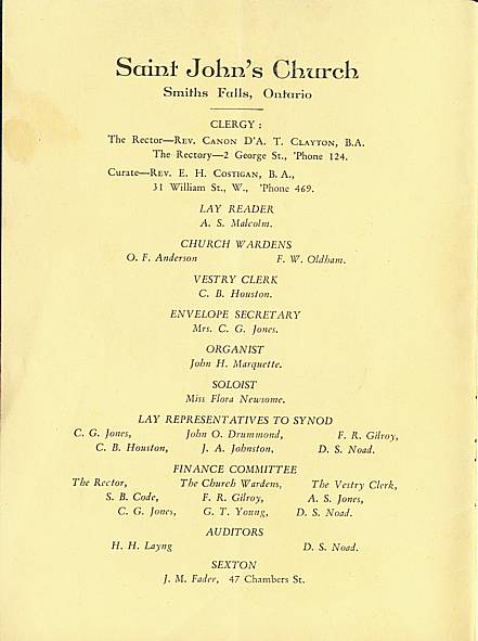 Inside front cover of Saint John's Church, Smiths Falls, 1929 Annual Report.