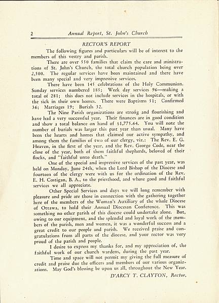 Page 2 of Saint John's Church, Smiths Falls, 1929 Annual Report.