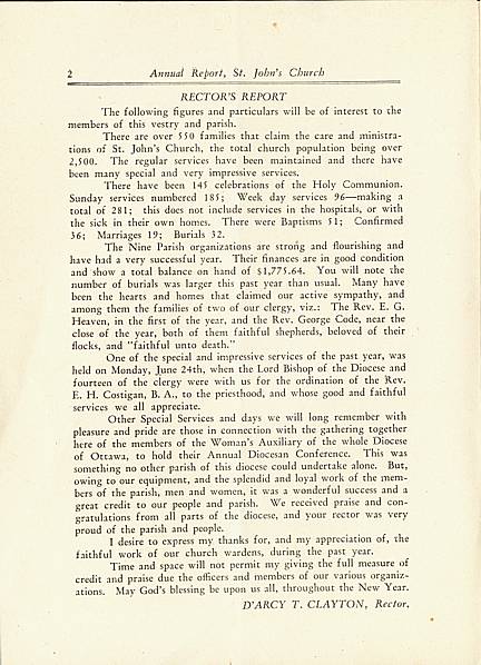 Page 2 of Saint John's Church, Smiths Falls, 1929 Annual Report.