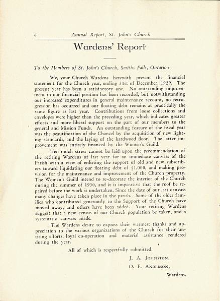 Page 6 of Saint John's Church, Smiths Falls, 1929 Annual Report.
