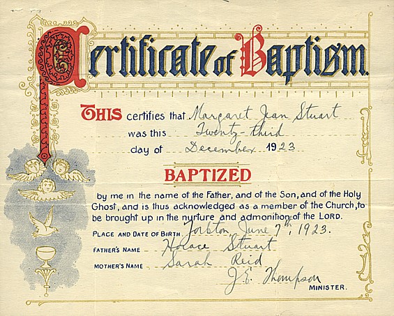 Baptismal Certificate of Margaret Jean Stuart