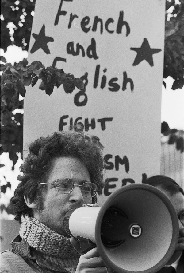 Speaker at anti-War Measures Act demonstration, Toronto.